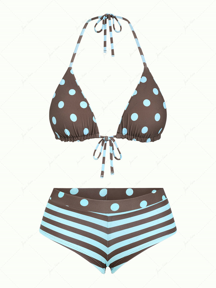 Coffee Striped Polka Dot Triangle Reversible Top & Cheeky Boyshorts Bikini Set