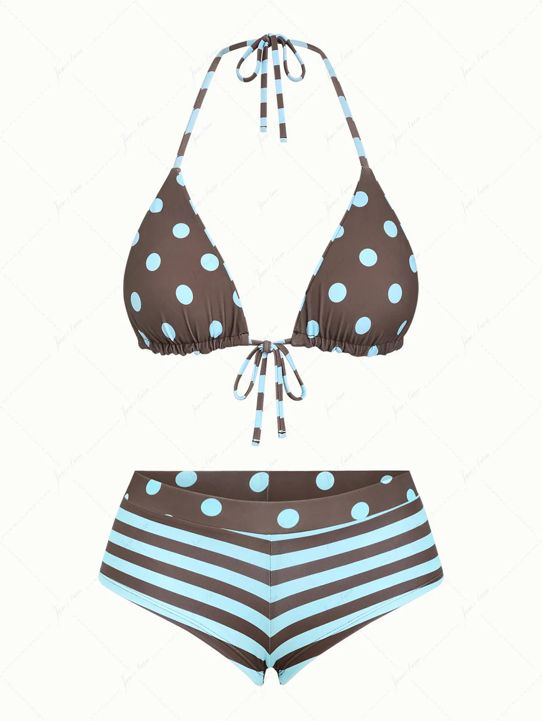 Coffee Striped Polka Dot Triangle Reversible Top & Cheeky Boyshorts Bikini Set