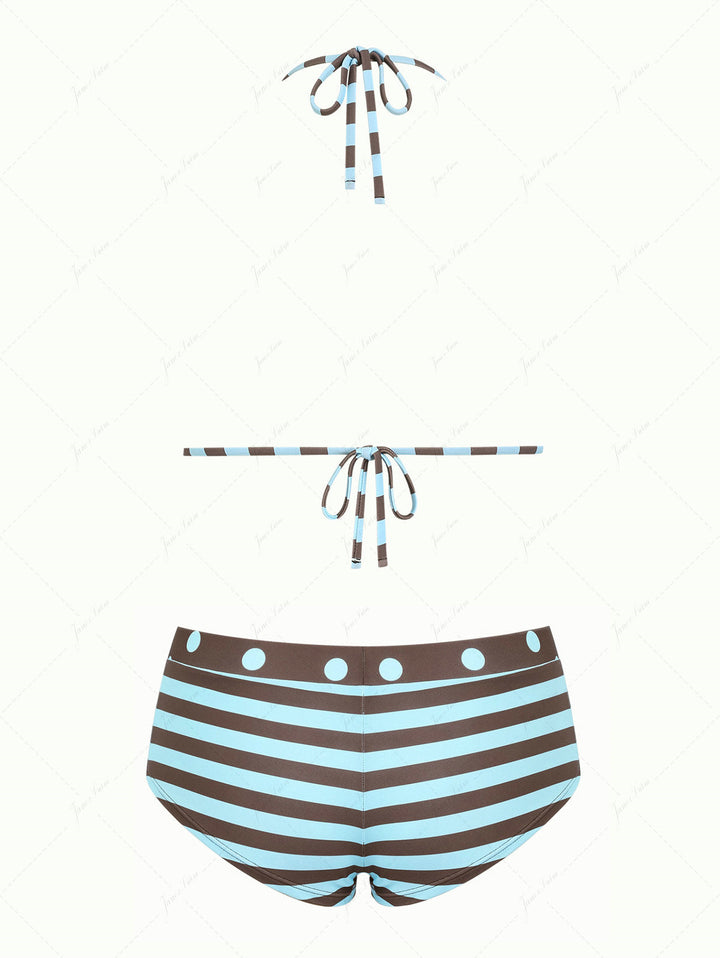 Coffee Striped Polka Dot Triangle Reversible Top & Cheeky Boyshorts Bikini Set