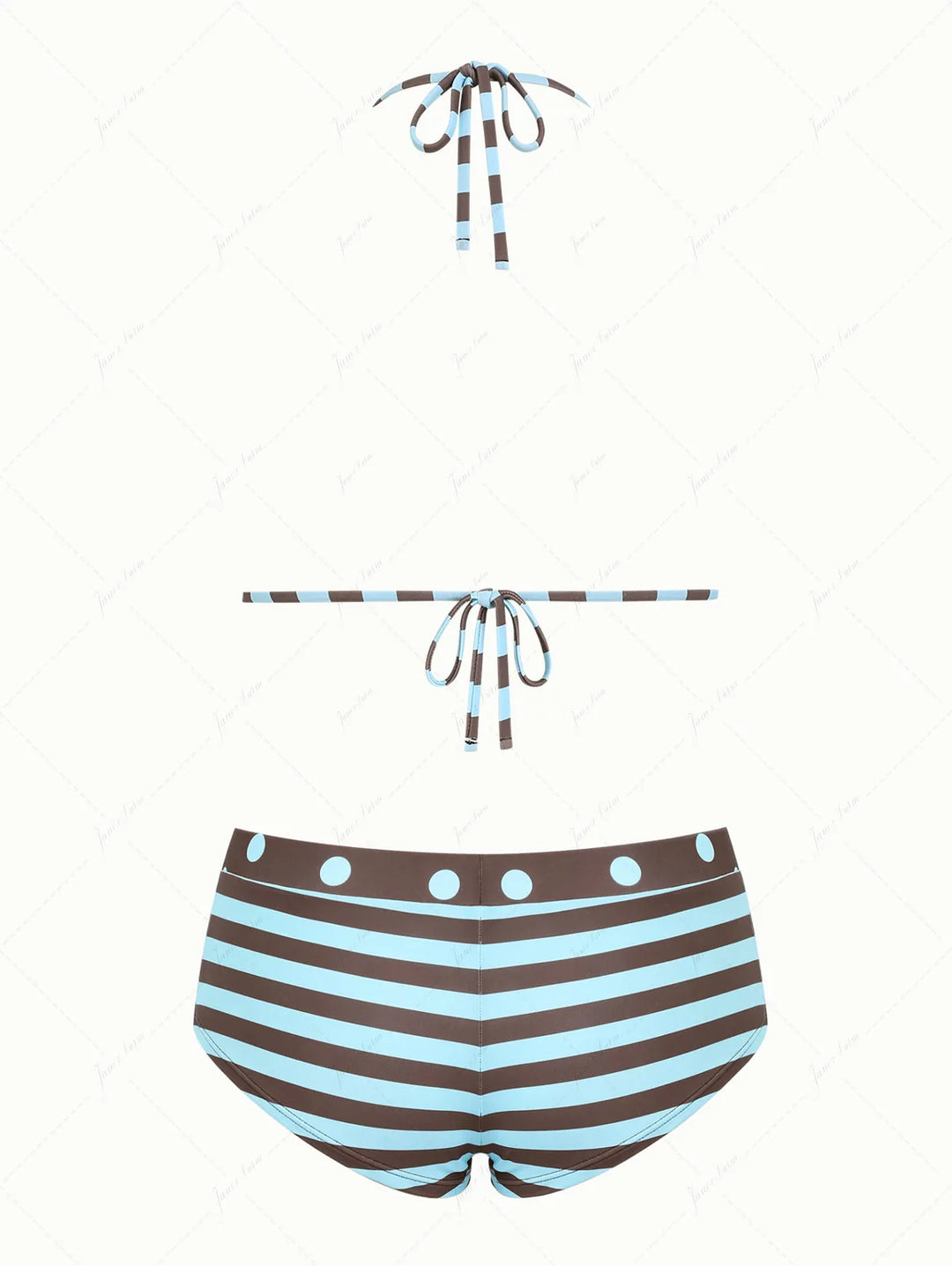 Coffee Striped Polka Dot Triangle Reversible Top & Cheeky Boyshorts Bikini Set