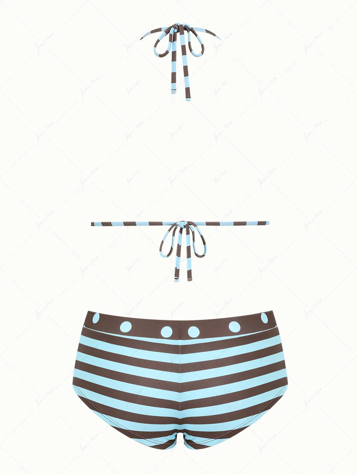 Coffee Striped Polka Dot Triangle Reversible Top & Cheeky Boyshorts Bikini Set