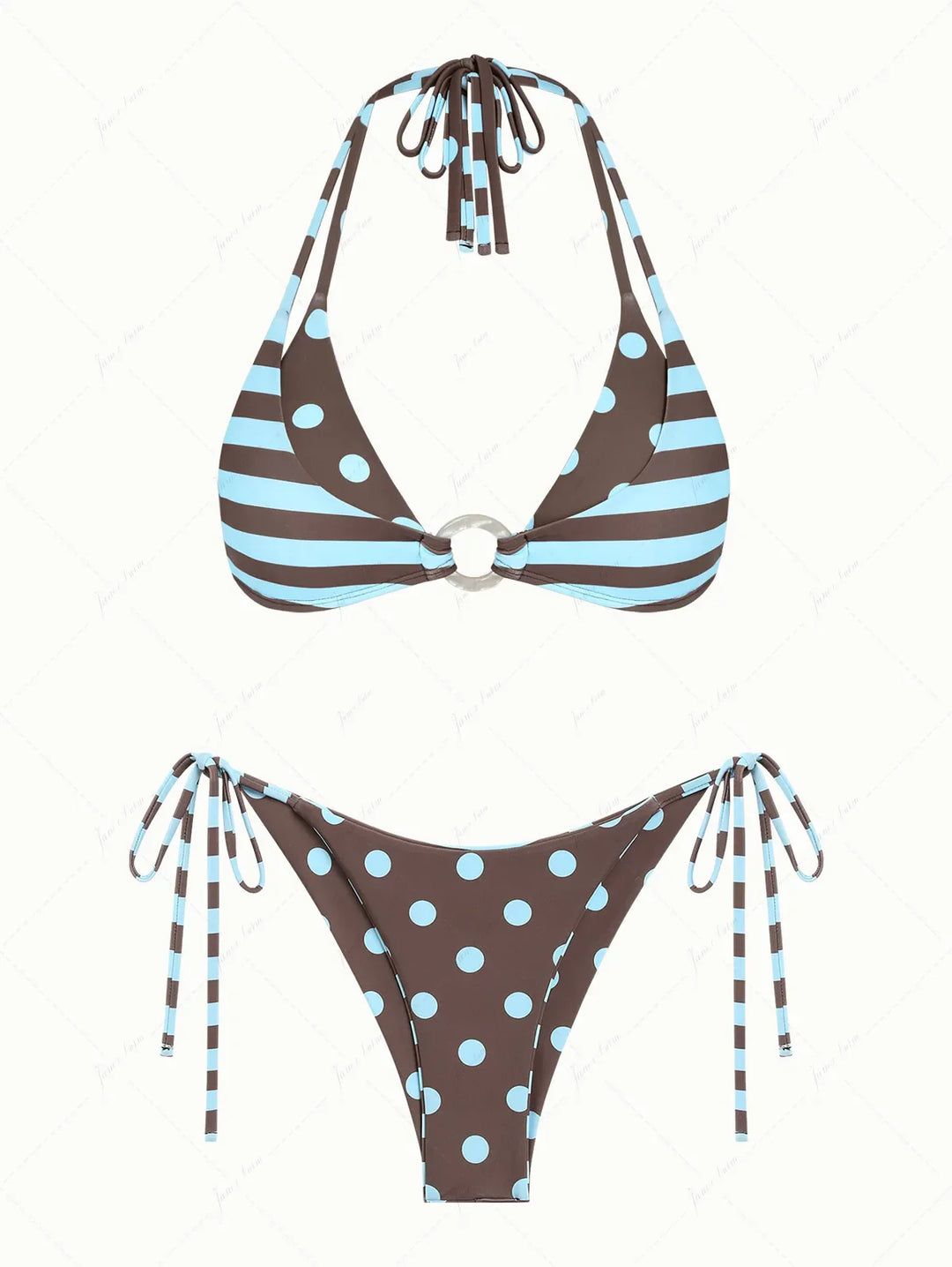 Coffee Striped Polka Dot O Ring Double Layer Top & Reversible Cheeky Brazilian Bottom Bikini Set