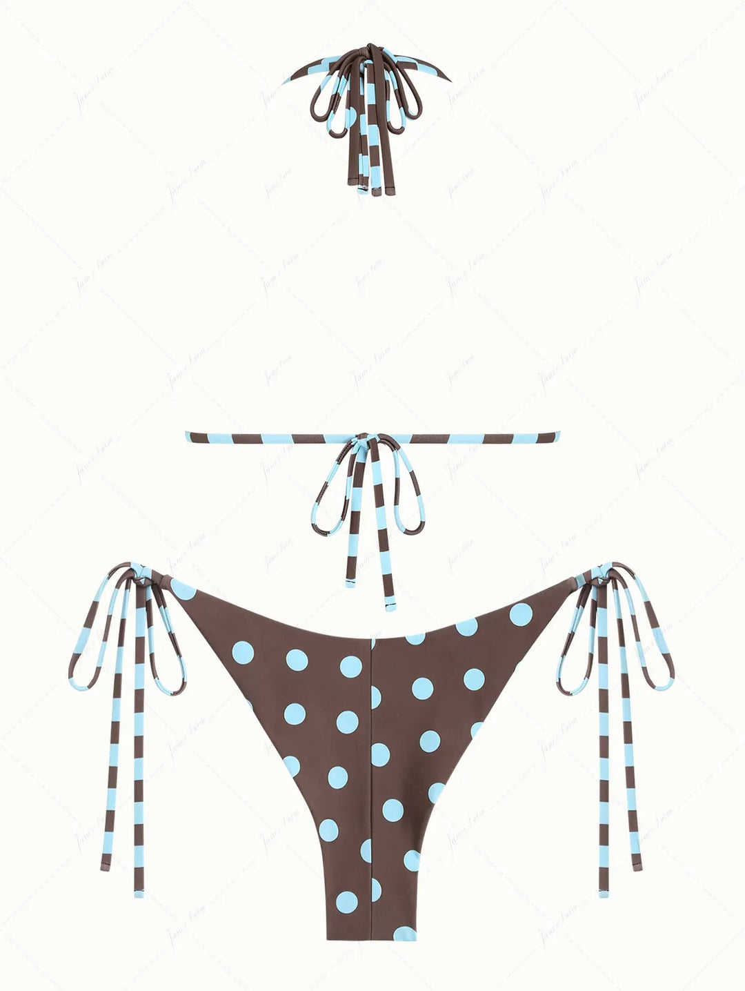 Coffee Striped Polka Dot O Ring Double Layer Top & Reversible Cheeky Brazilian Bottom Bikini Set
