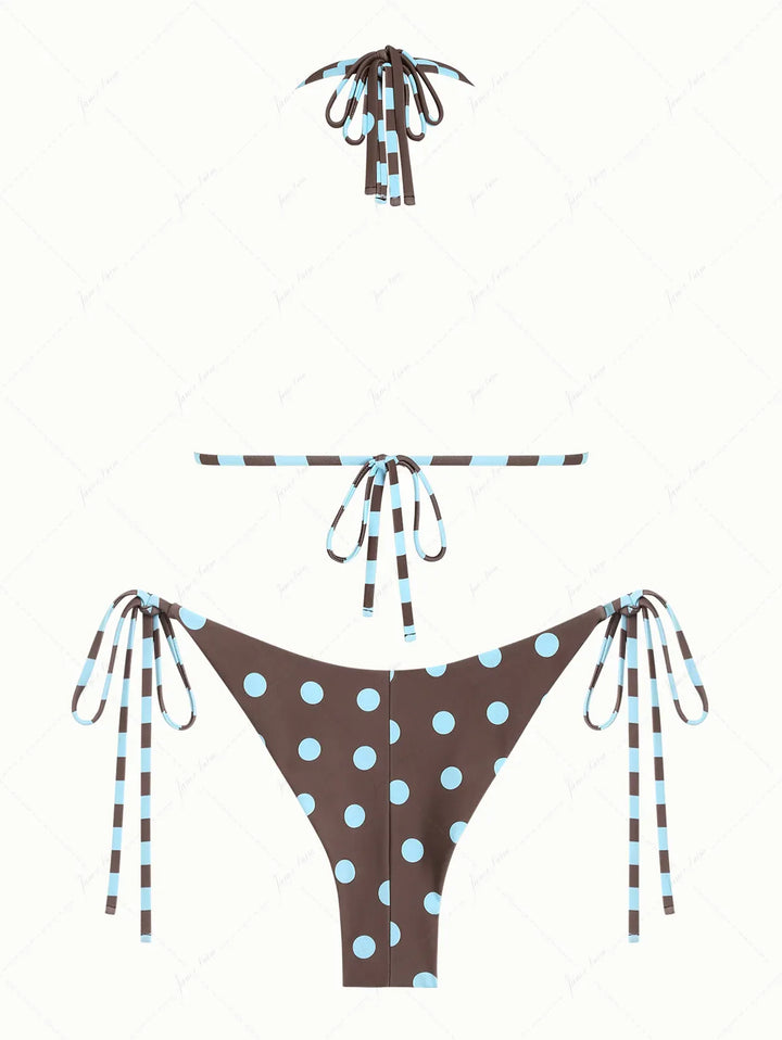 Coffee Striped Polka Dot O Ring Double Layer Top & Reversible Cheeky Brazilian Bottom Bikini Set