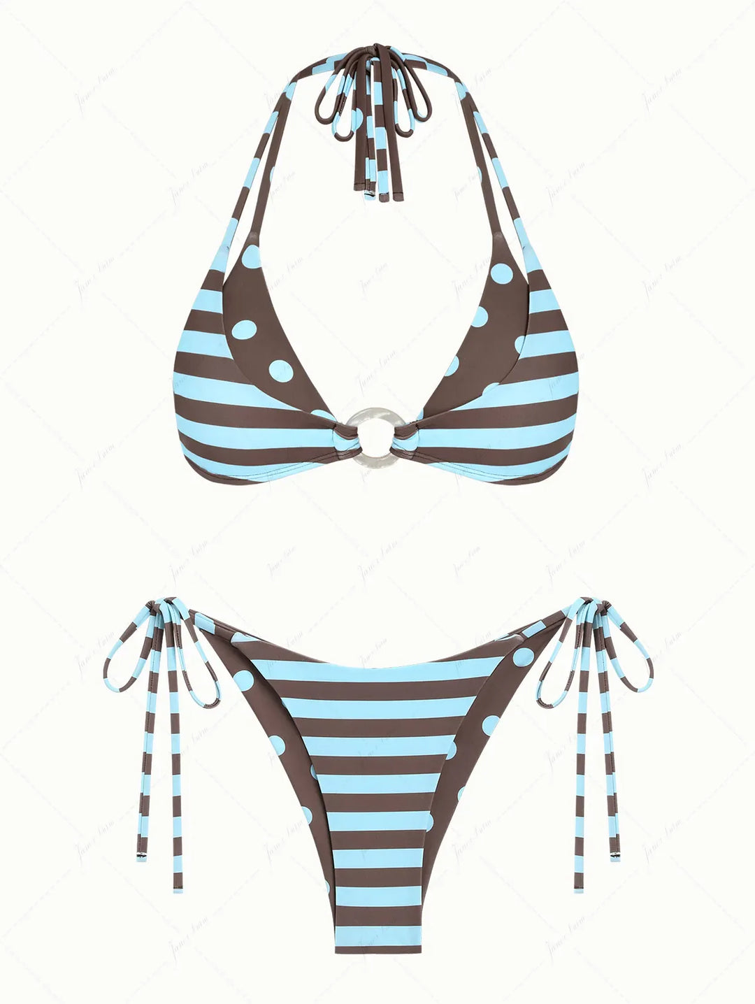 Coffee Striped Polka Dot O Ring Double Layer Top & Reversible Cheeky Brazilian Bottom Bikini Set