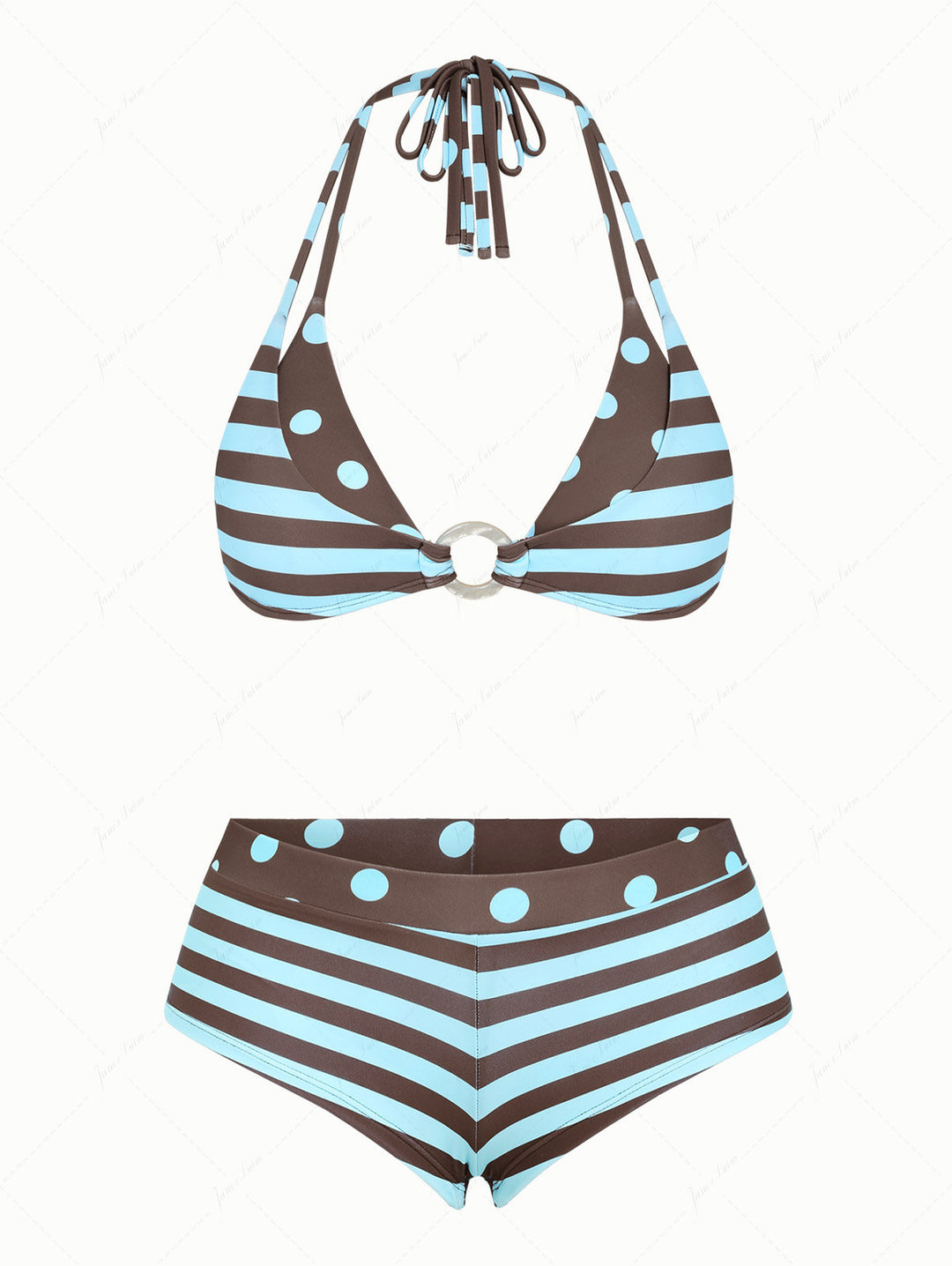 Coffee Striped Polka Dot O Ring Double Top & Cheeky Boyshorts Bikini Set