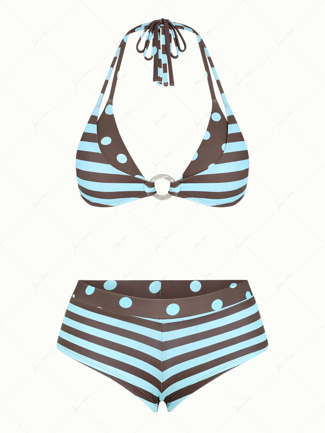 Coffee Striped Polka Dot O Ring Double Top & Cheeky Boyshorts Bikini Set