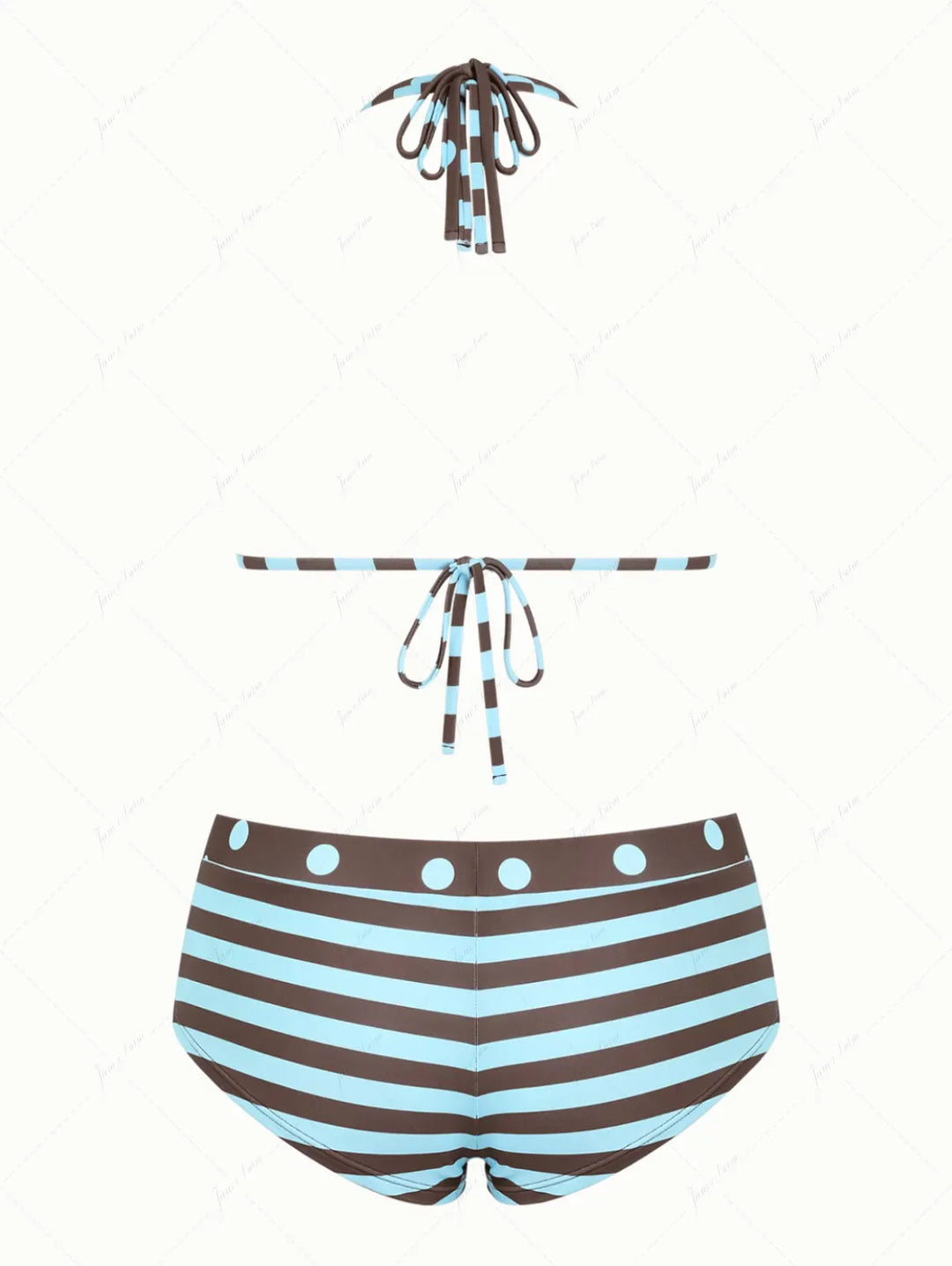 Coffee Striped Polka Dot O Ring Double Top & Cheeky Boyshorts Bikini Set