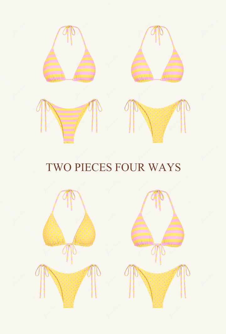 Yellow Striped Polka Dot Triangle Top & Cheeky Brazilian Bottom Reversible Bikini Set
