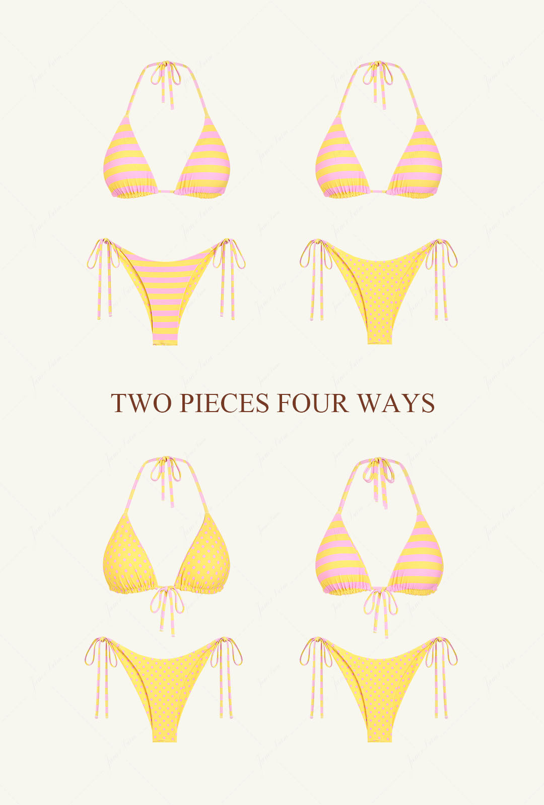 Yellow Striped Polka Dot Print Halter Triangle Reversible Bikini Top