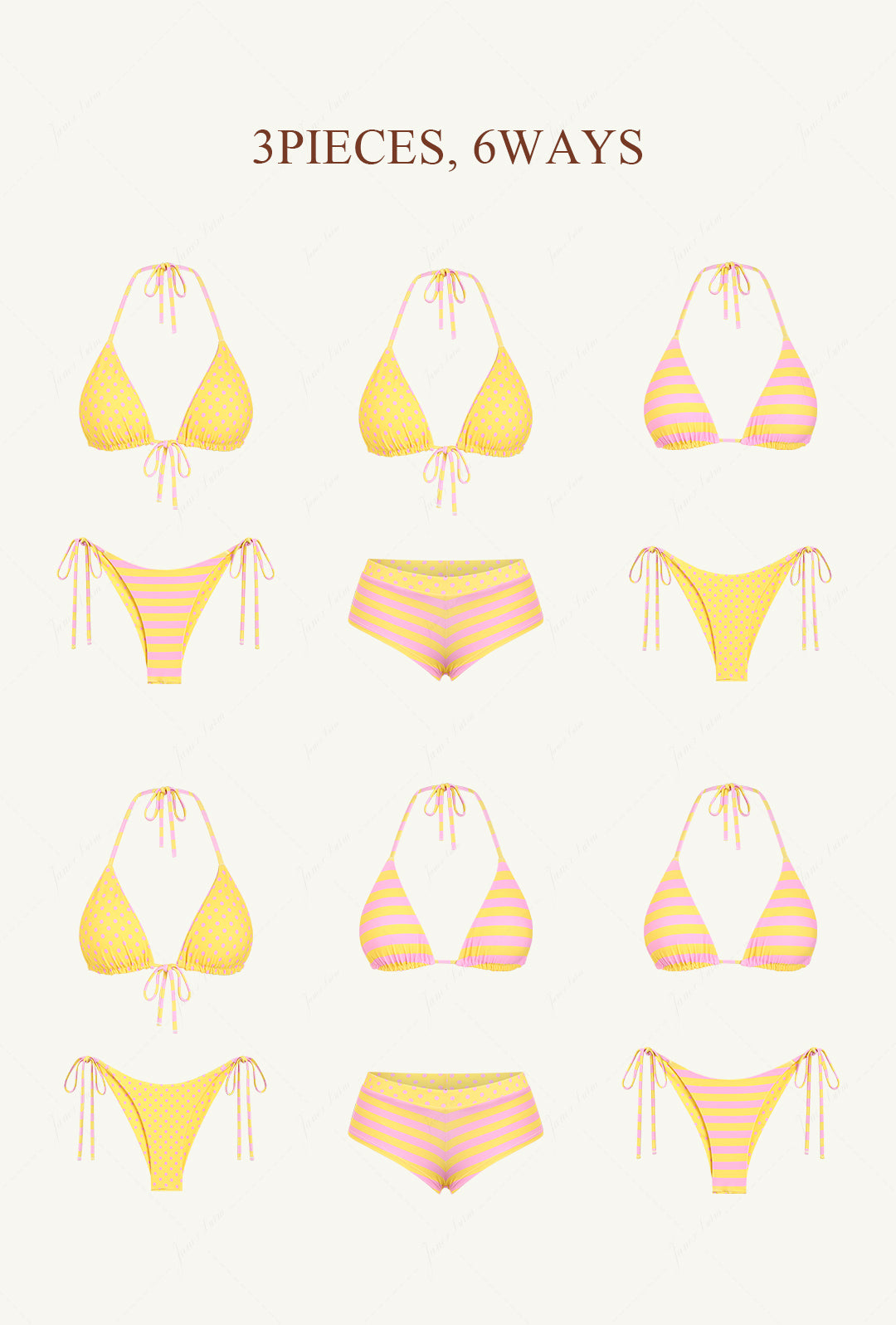 Yellow Striped Polka Dot Triangle Reversible Top & Cheeky Boyshorts Bikini Set