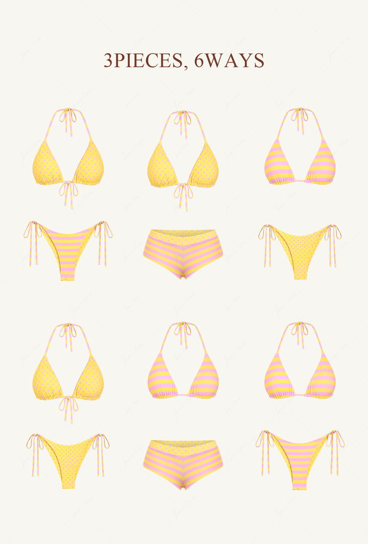 Yellow Striped Polka Dot Triangle Reversible Top & Cheeky Boyshorts Bikini Set