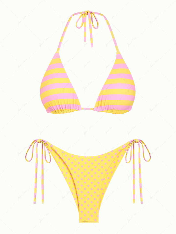 Yellow Striped Polka Dot Triangle Top & Cheeky Brazilian Bottom Reversible Bikini Set