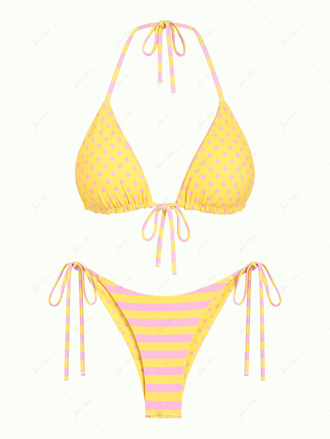 Yellow Striped Polka Dot Triangle Top & Cheeky Brazilian Bottom Reversible Bikini Set