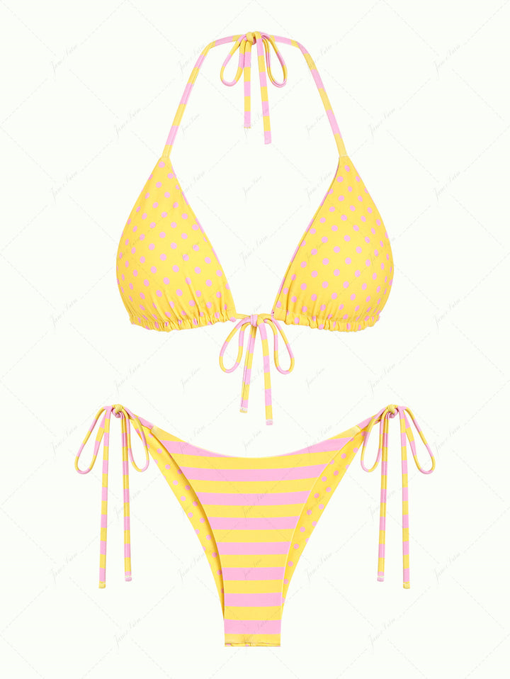 Yellow Striped Polka Dot Triangle Top & Cheeky Brazilian Bottom Reversible Bikini Set