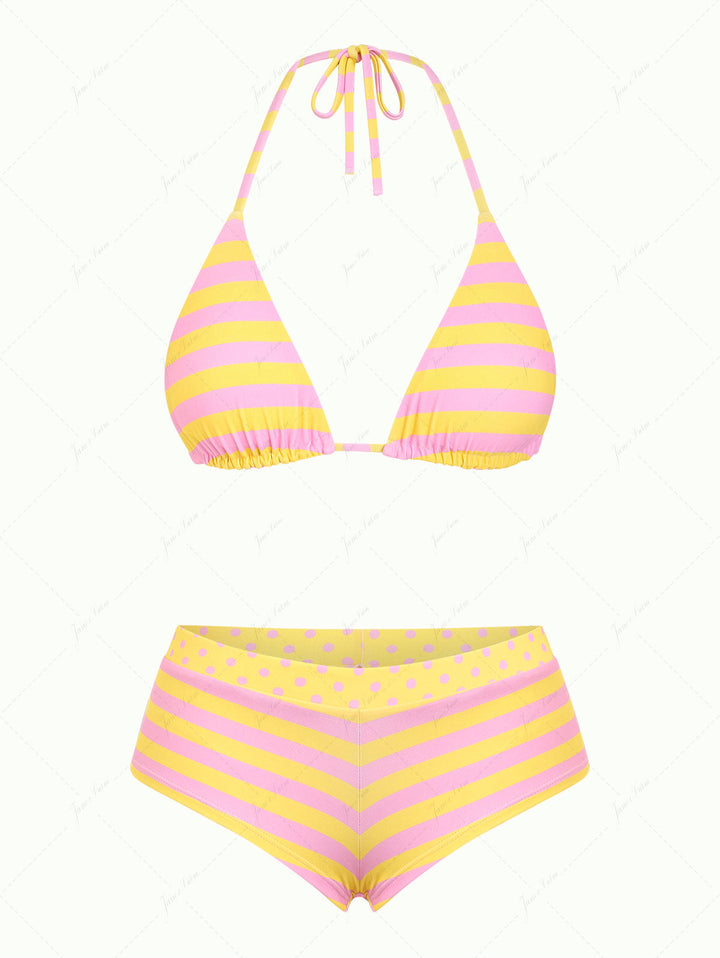 Yellow Striped Polka Dot Triangle Reversible Top & Cheeky Boyshorts Bikini Set