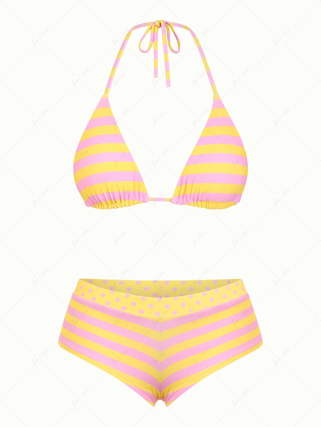 Yellow Striped Polka Dot Triangle Reversible Top & Cheeky Boyshorts Bikini Set