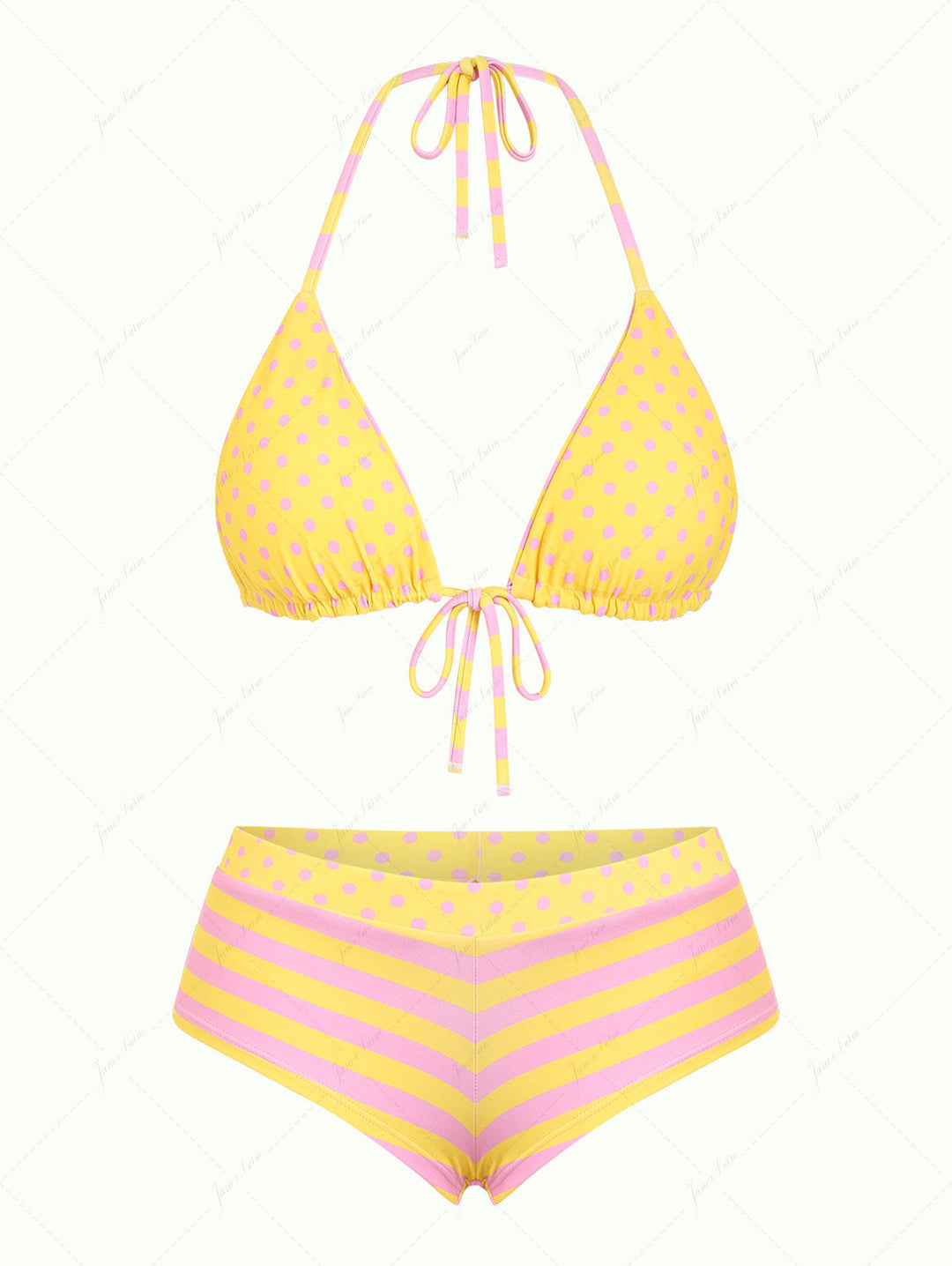 Yellow Striped Polka Dot Triangle Reversible Top & Cheeky Boyshorts Bikini Set