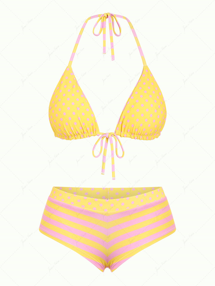 Yellow Striped Polka Dot Triangle Reversible Top & Cheeky Boyshorts Bikini Set