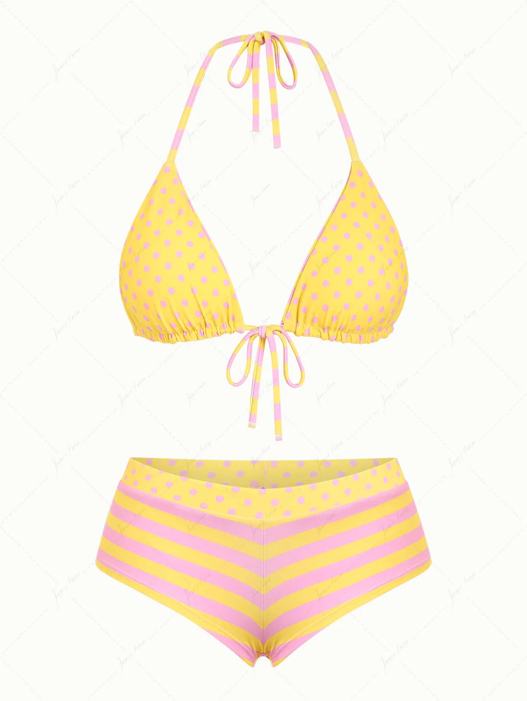 Yellow Striped Polka Dot Triangle Reversible Top & Cheeky Boyshorts Bikini Set