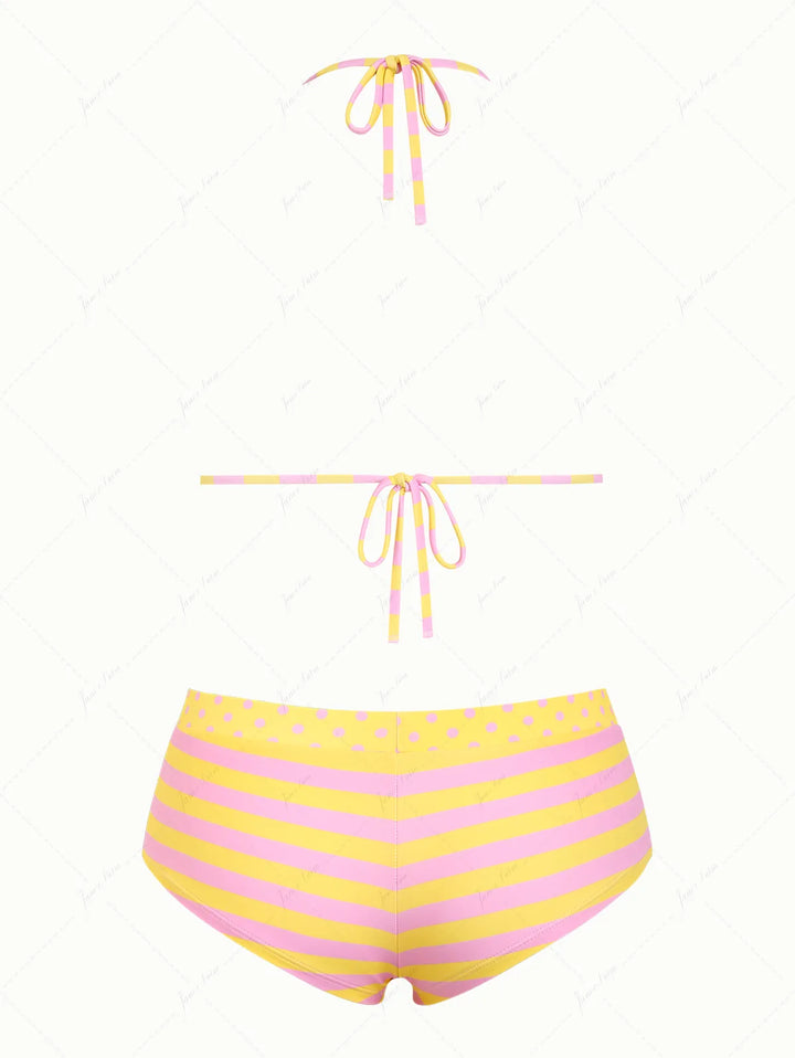 Yellow Striped Polka Dot Triangle Reversible Top & Cheeky Boyshorts Bikini Set