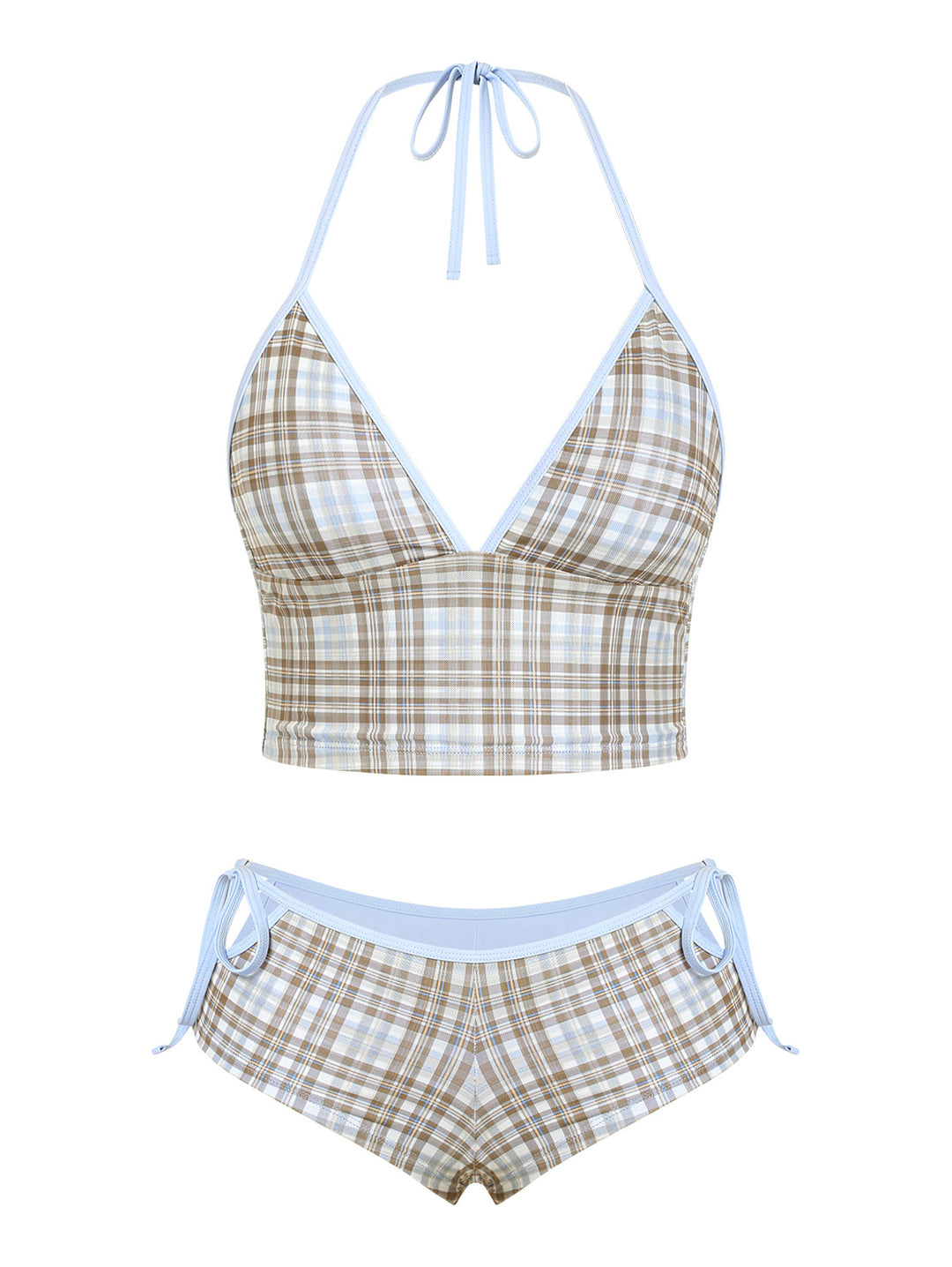 Seamolly Plaid Halter Cutout Tied Side Cheeky Boyshorts Tankini Set