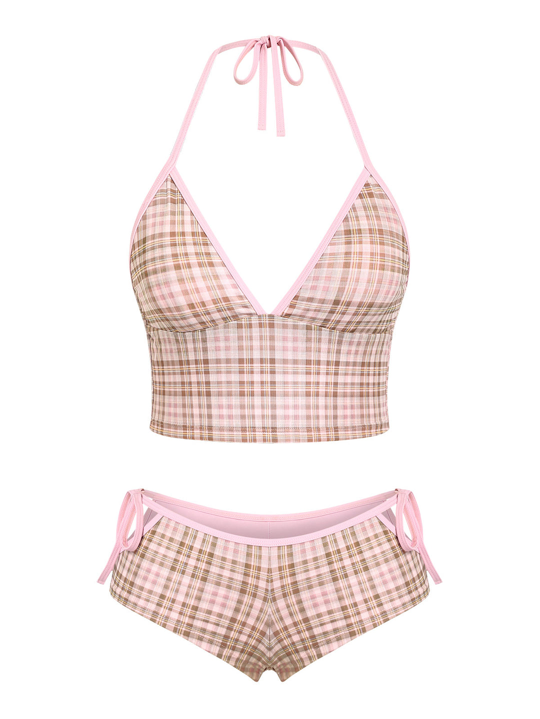Seamolly Plaid Halter Cutout Tied Side Cheeky Boyshorts Tankini Set