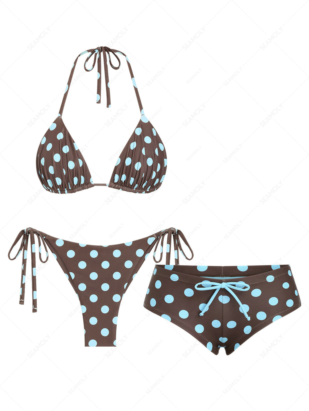 Seamolly 3 Piece Polka Dot Ruched Triangle Brazilian Cheeky Boyshort Bikini Set