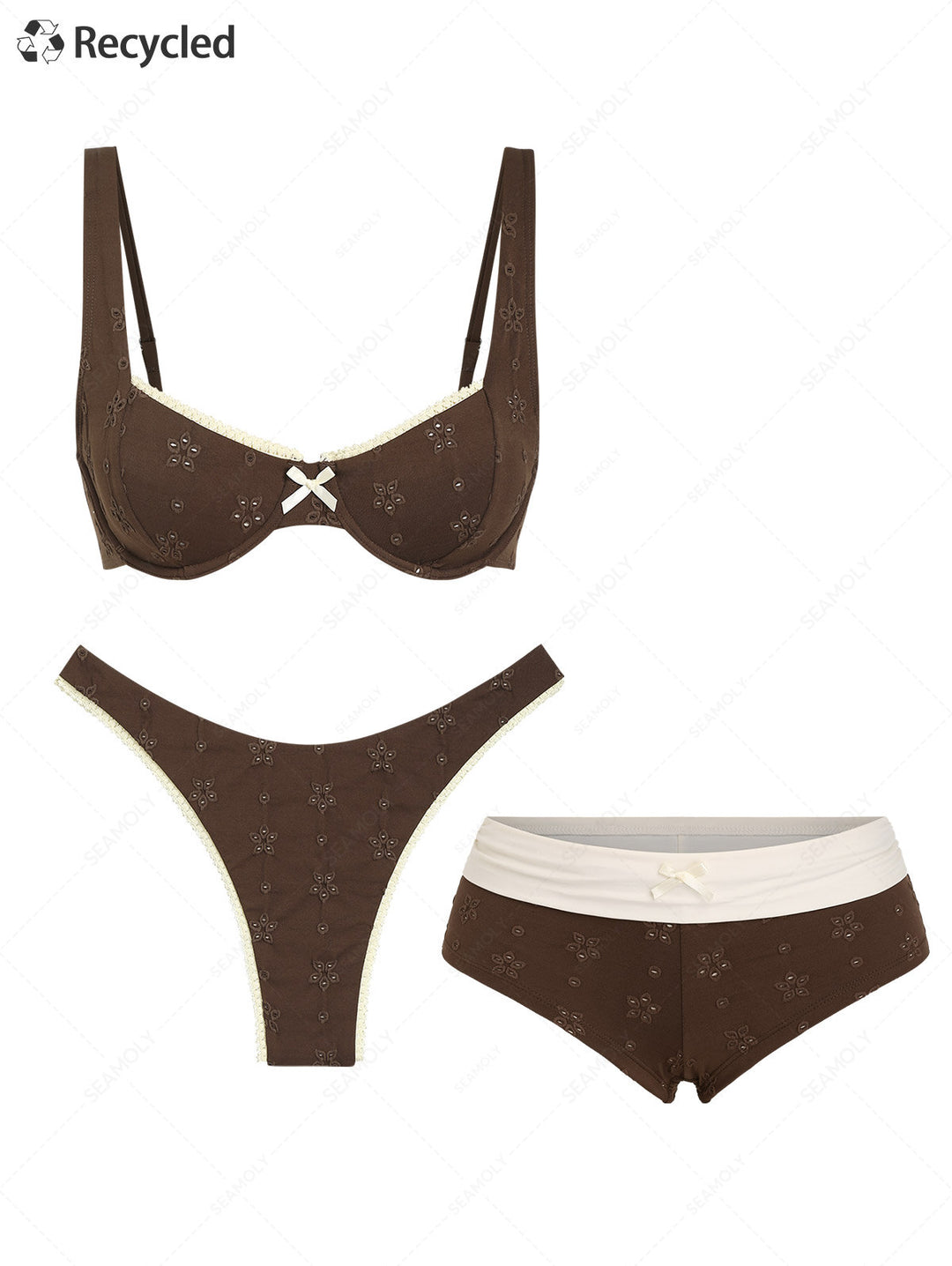 Seamolly 3 Piece Recycled Fabric Eyelet Jacquard Underwire Foldover Cheeky Boyshort Bikini Set