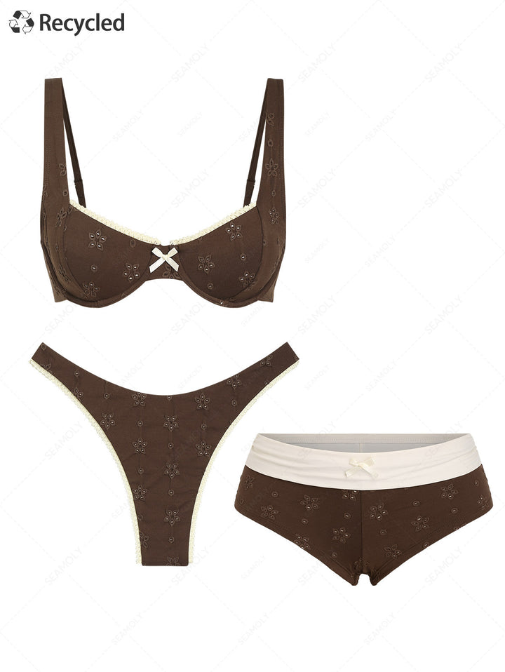 Seamolly 3 Piece Recycled Fabric Eyelet Jacquard Underwire Foldover Cheeky Boyshort Bikini Set