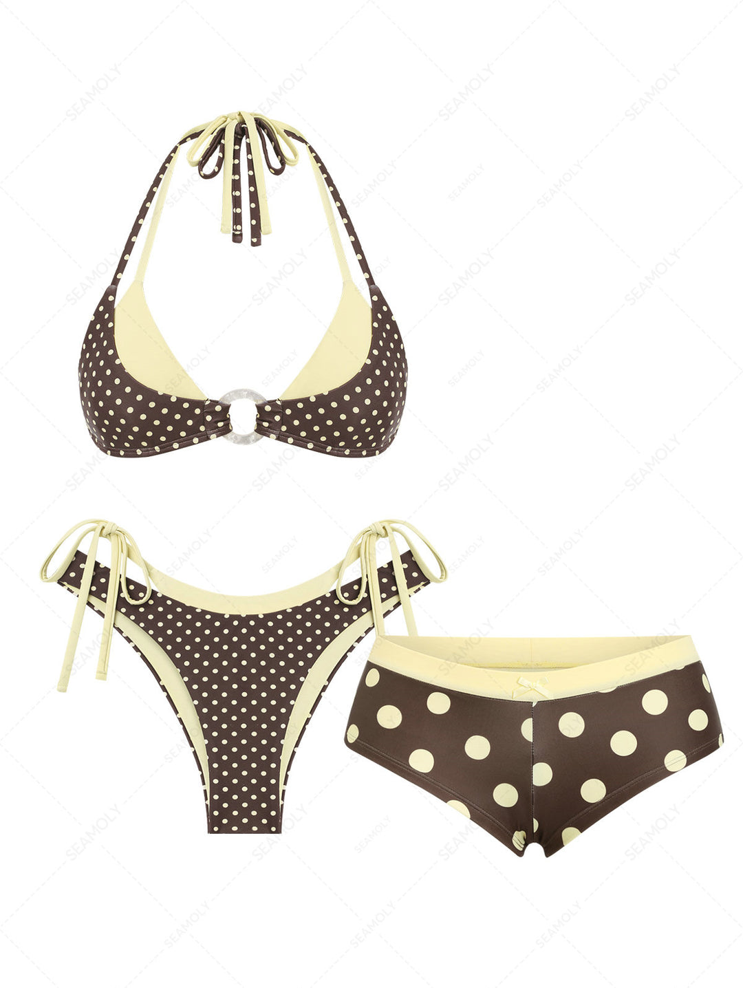 Seamolly 3 Piece Polka Dot O Ring Double Layer Cheeky Boyshort Bikini Set