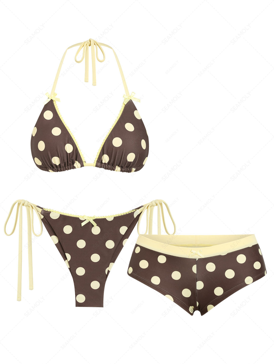 Seamolly 3 Piece Polka Dot Lace Bowknot Triangle Brazilian Cheeky Boyshort Bikini Set