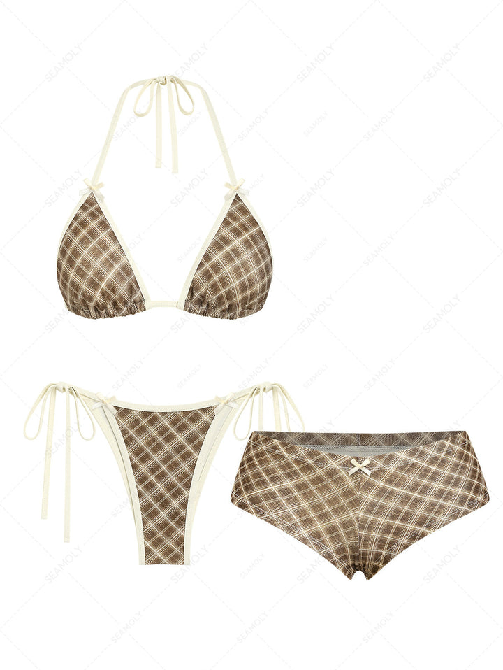 Seamolly 3 Piece Plaid Contrast Binding Triangle String Cheeky Boyshort Bikini Set