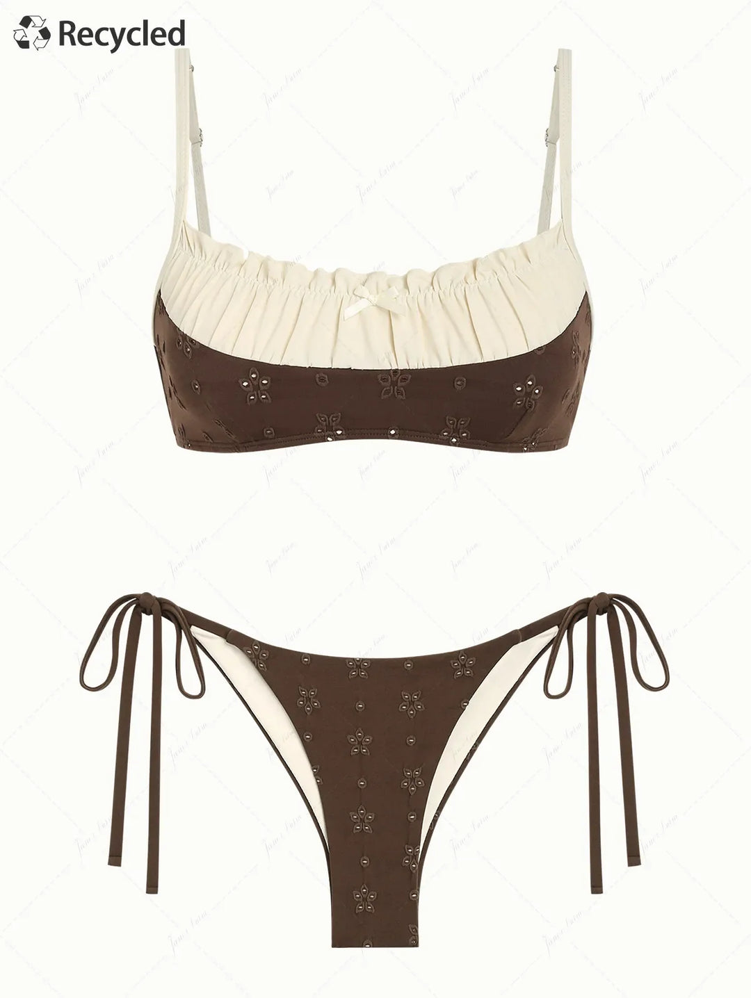 Deep Coffee Recycled Fabric Jacquard Ruched Bralette Top & Cheeky Brazilian Bottom Bikini Set