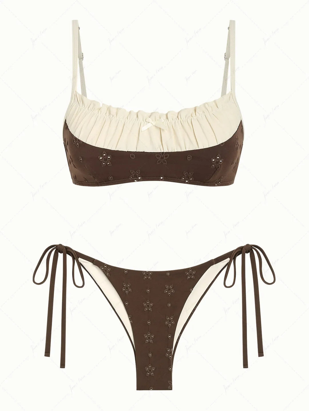 Deep Coffee Recycled Fabric Jacquard Ruched Bralette Top & Cheeky Brazilian Bottom Bikini Set
