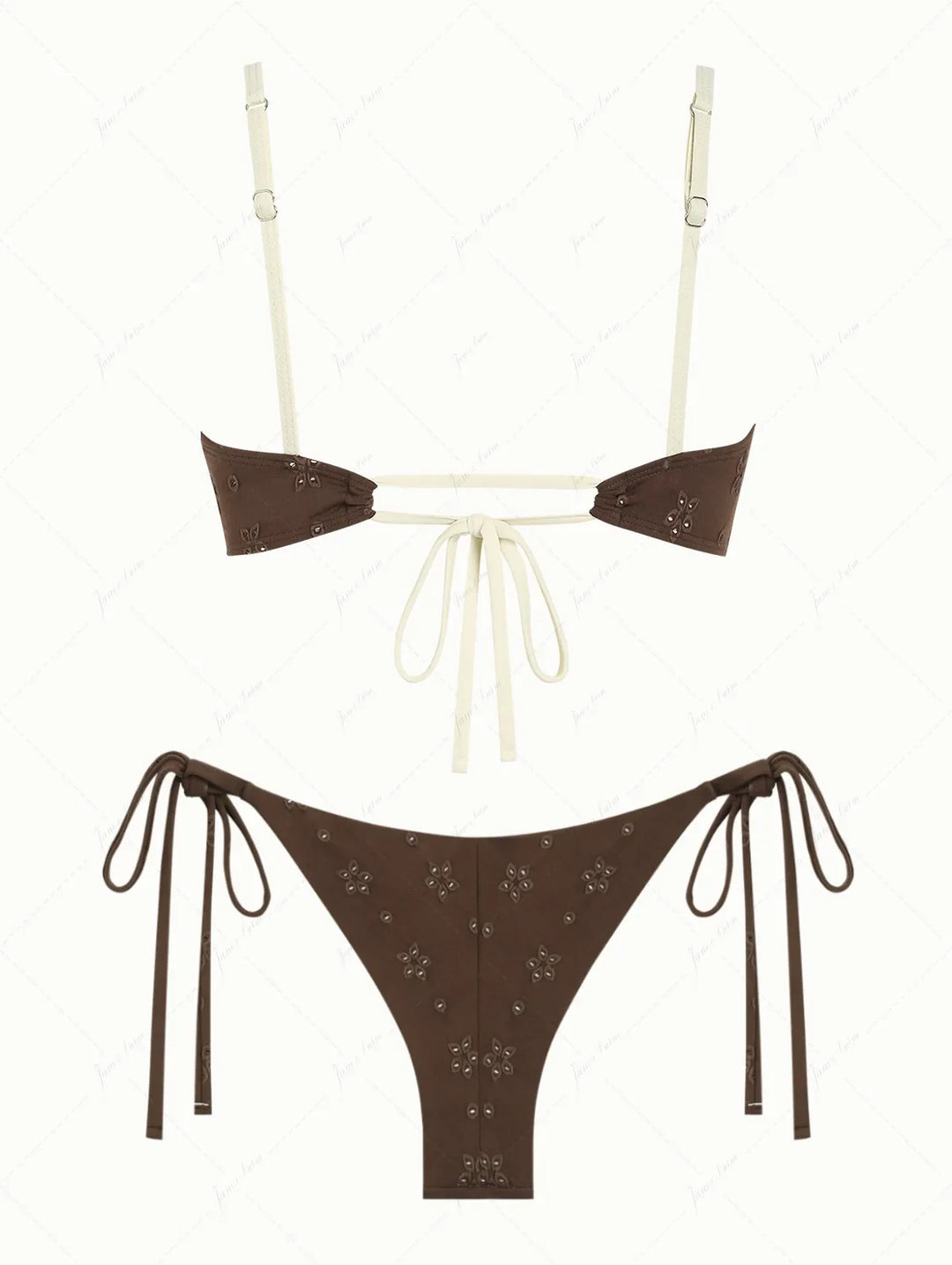 Deep Coffee Recycled Fabric Jacquard Ruched Bralette Top & Cheeky Brazilian Bottom Bikini Set