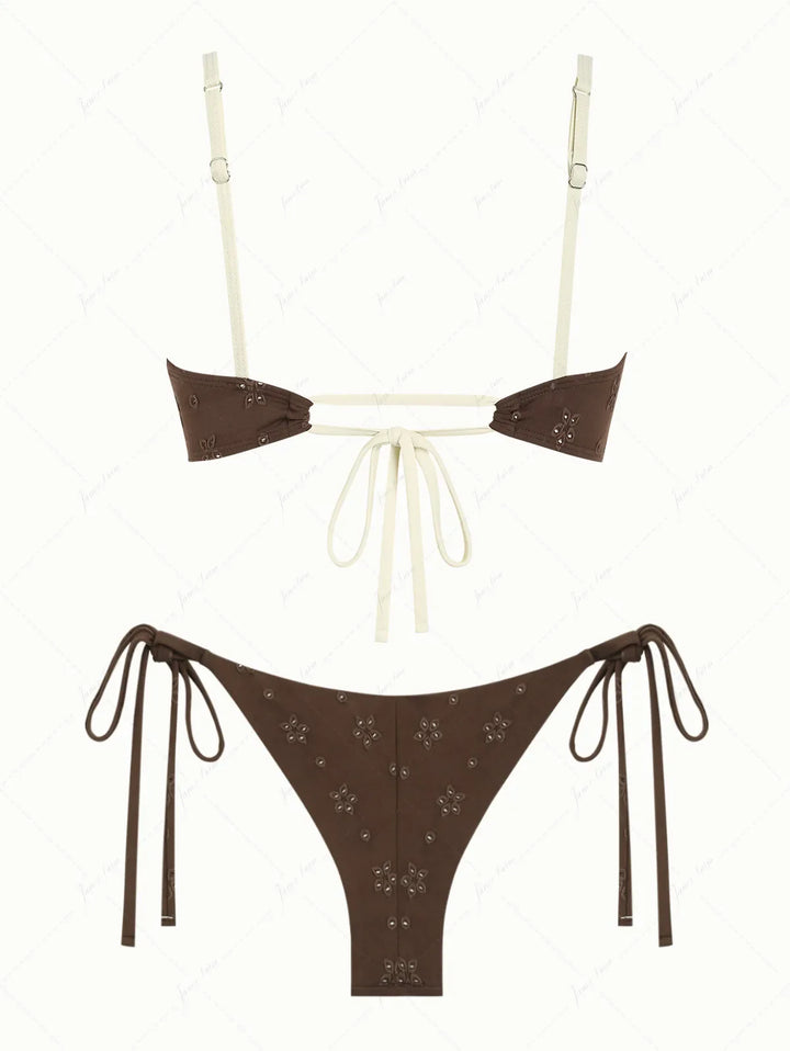 Deep Coffee Recycled Fabric Jacquard Ruched Bralette Top & Cheeky Brazilian Bottom Bikini Set