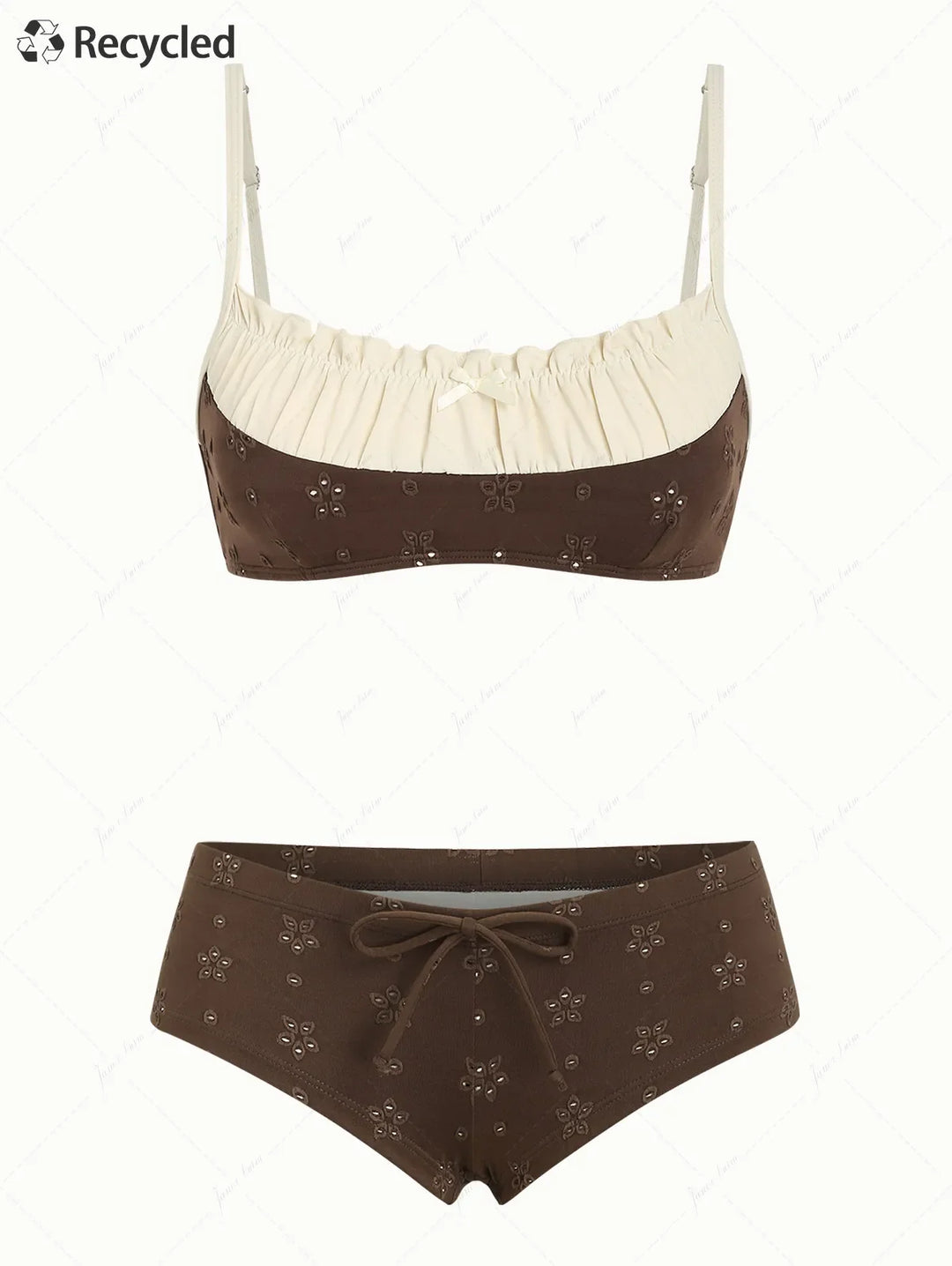 Deep Coffee Recycled Fabric Jacquard Ruched Bowknot Cheeky Boyshorts Bikini Set