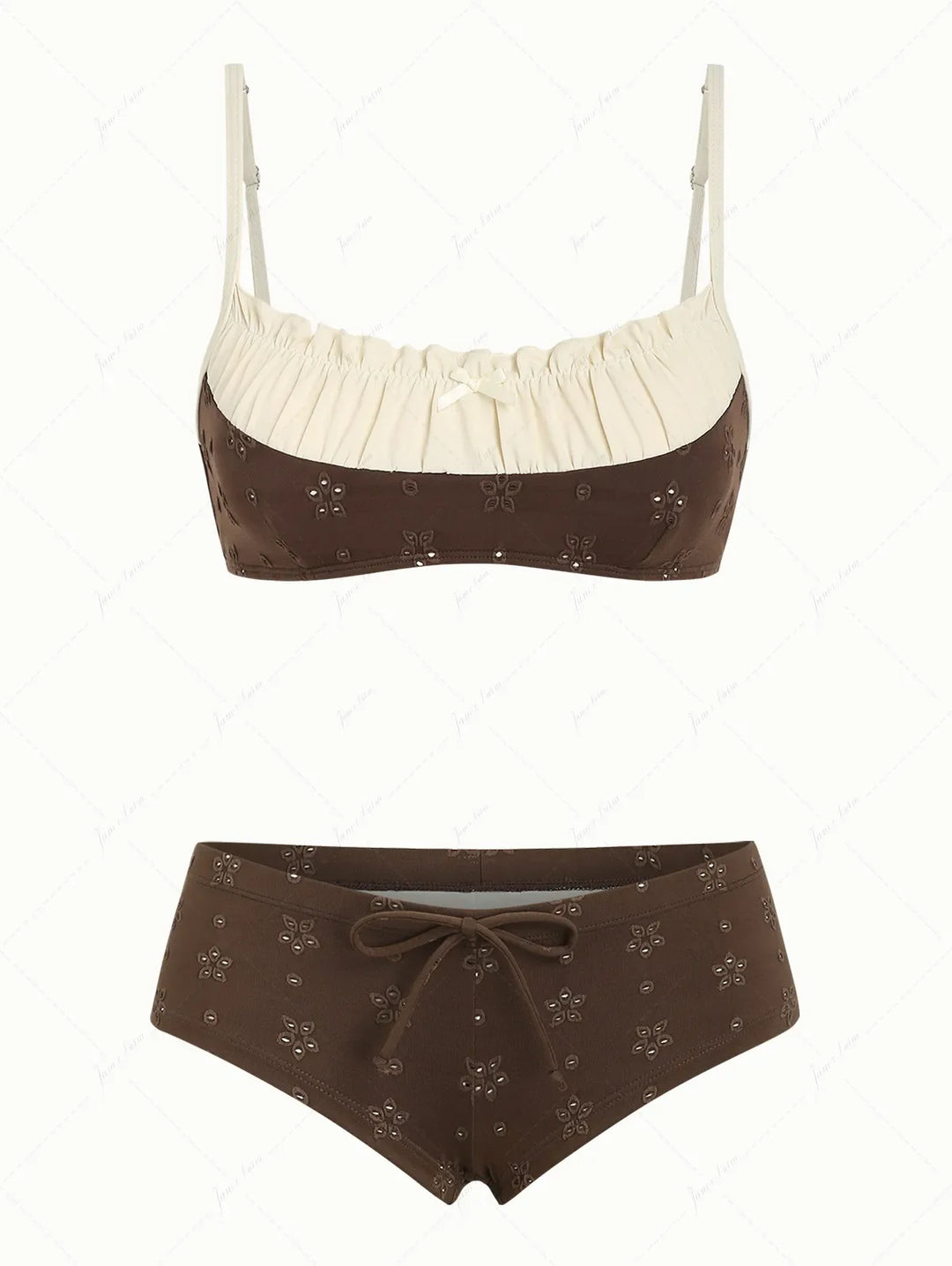Deep Coffee Recycled Fabric Jacquard Ruched Bowknot Cheeky Boyshorts Bikini Set