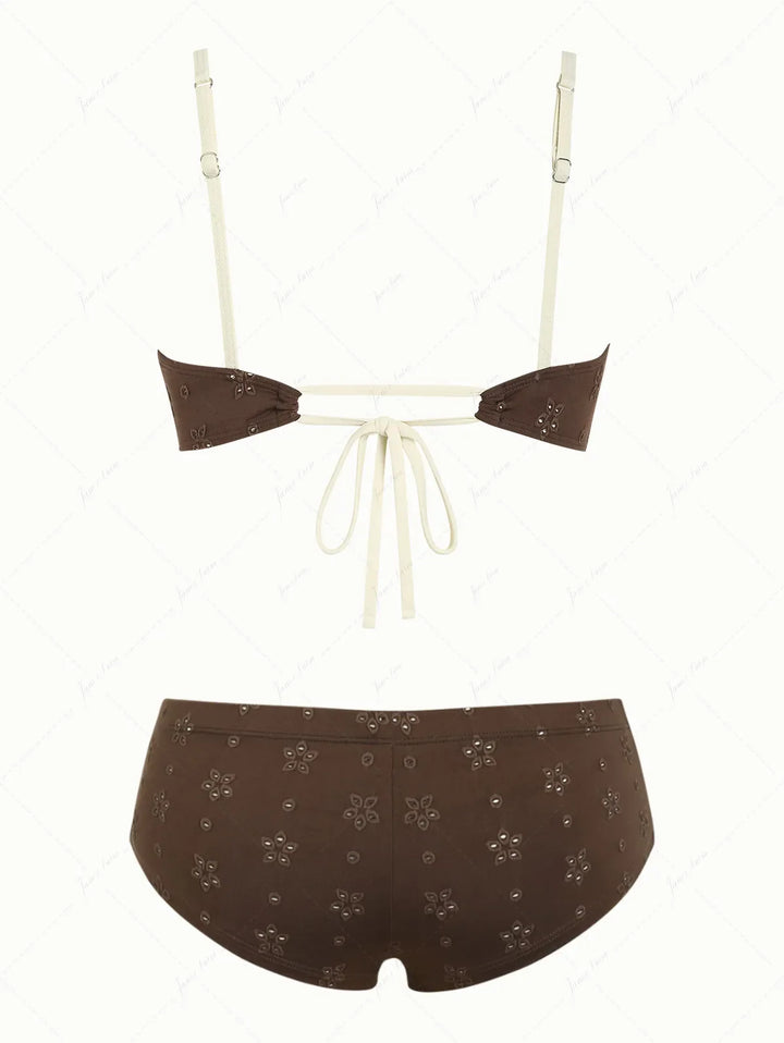 Deep Coffee Recycled Fabric Jacquard Ruched Bowknot Cheeky Boyshorts Bikini Set