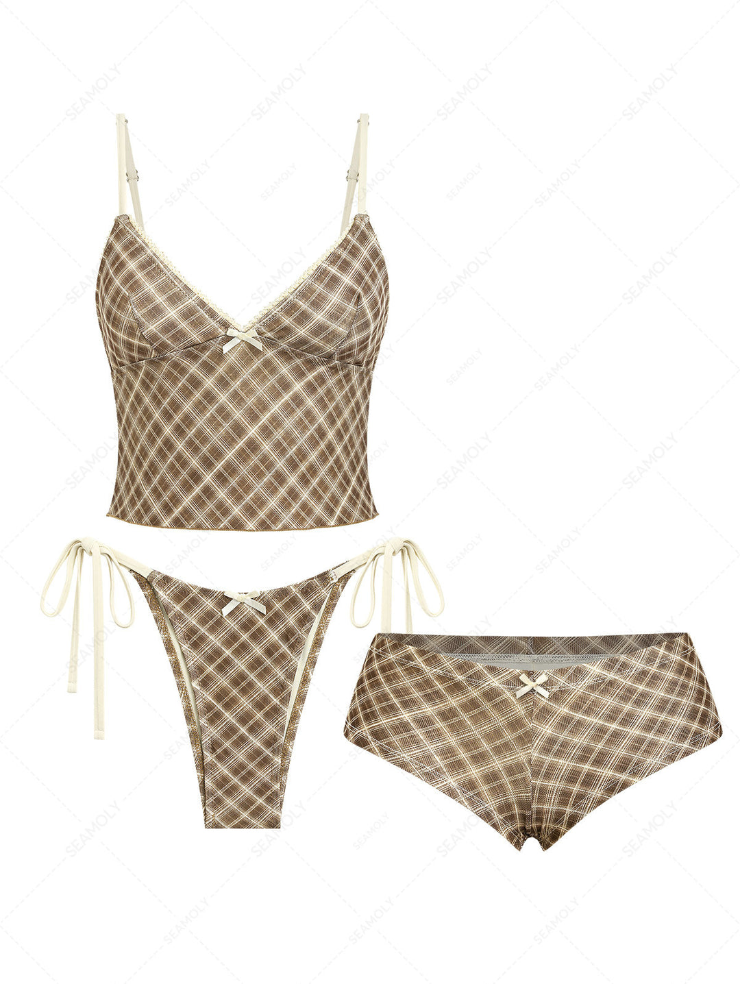 Seamolly 3 Piece Plaid Lace Bowknot Deep V String Cheeky Boyshort Tankini Set