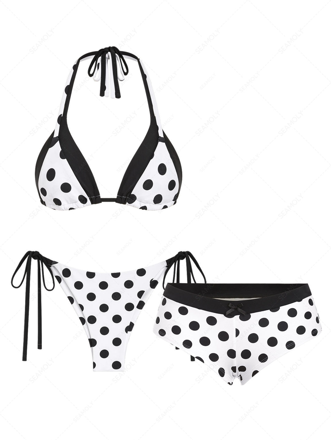 Seamolly 3 Piece Polka Dot Double Layer String Brazilian Cheeky Boyshort Bikini Set