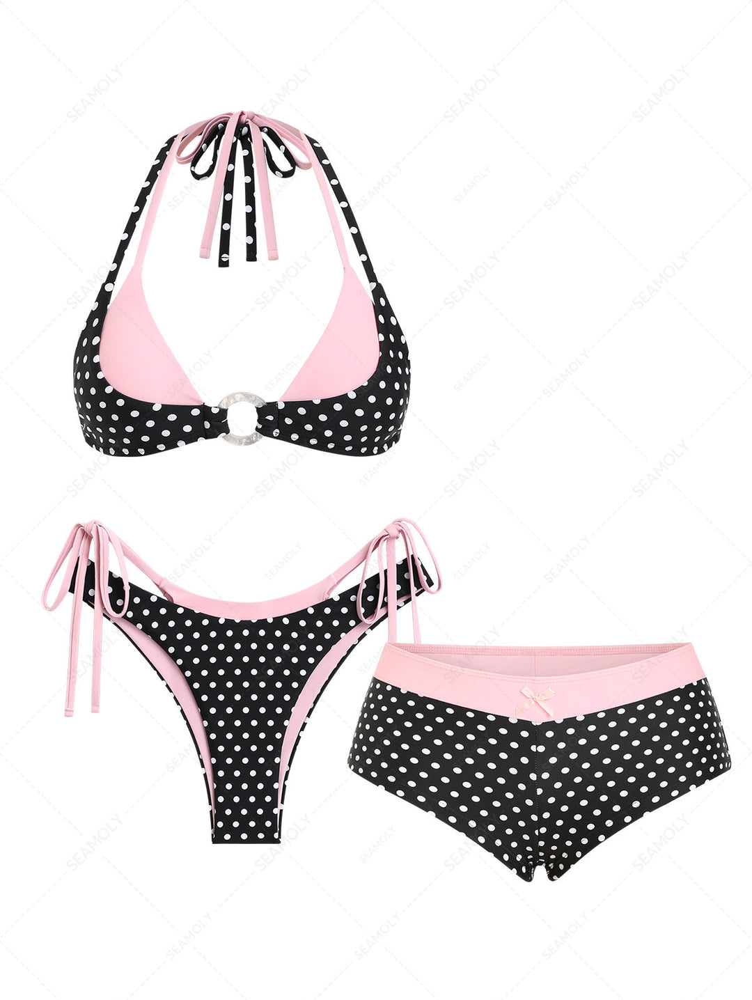 Seamolly 3 Piece Contrast Color Polka Dot O Ring Double Layer Cheeky Boyshort Bikini Set