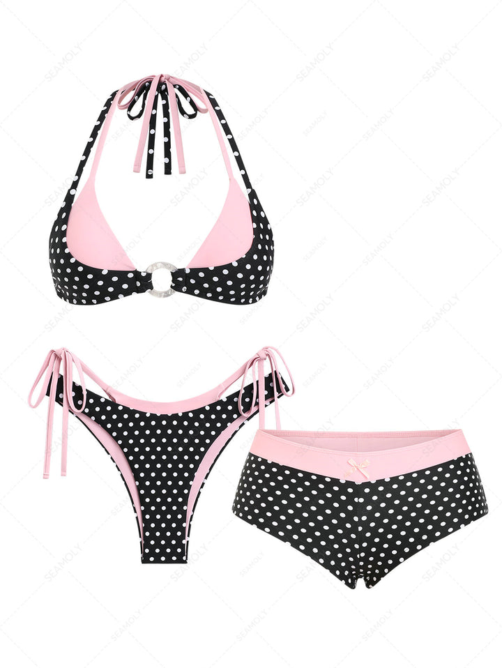 Seamolly 3 Piece Contrast Color Polka Dot O Ring Double Layer Cheeky Boyshort Bikini Set