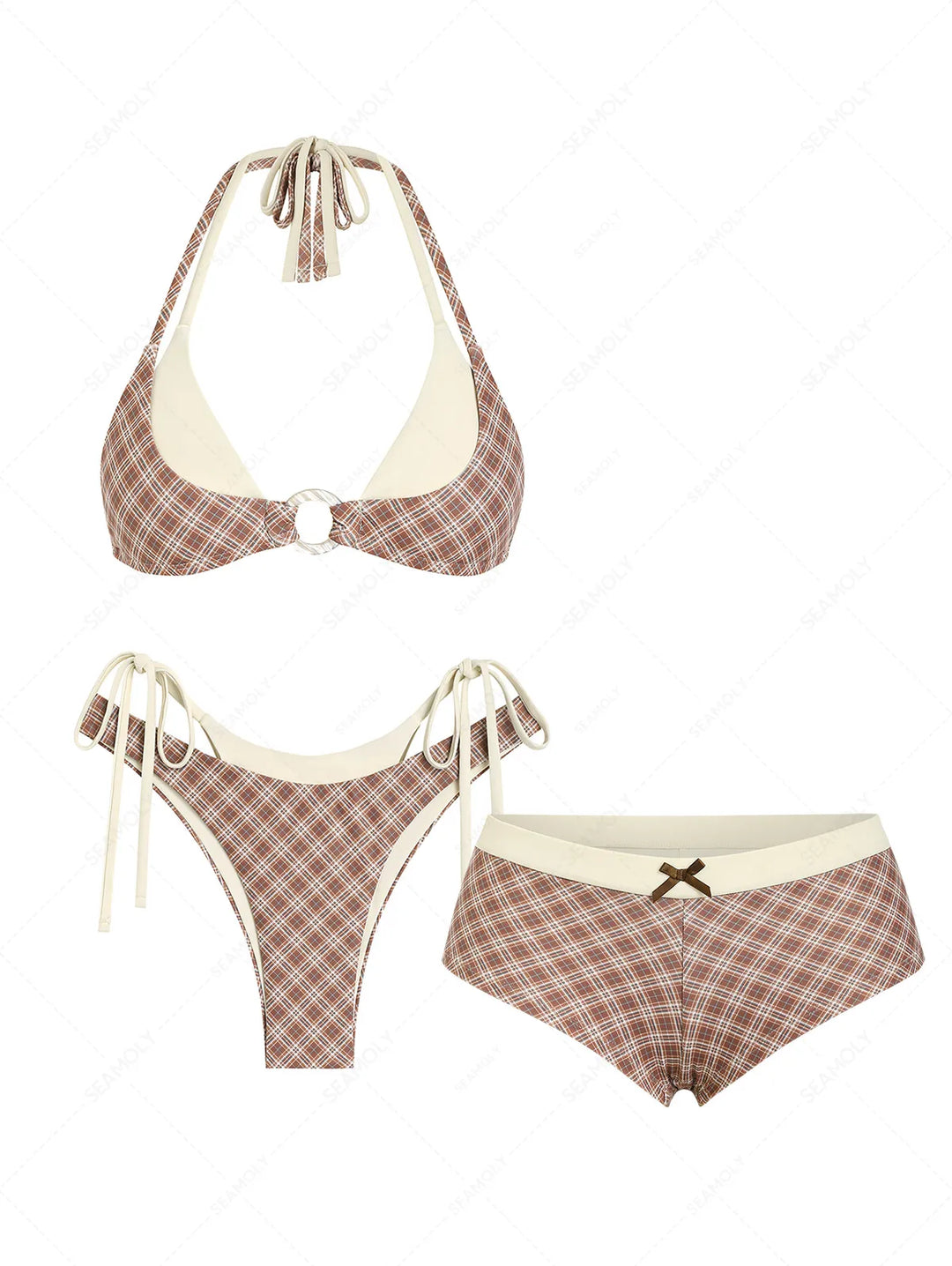 Seamolly 3 Piece Contrast Color Plaid O Ring Double Layer Cheeky Boyshort Bikini Set
