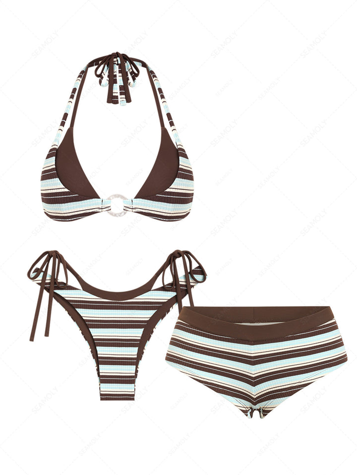 Seamolly 3 Piece Striped O Ring Double Layer Cheeky Boyshort Bikini Set