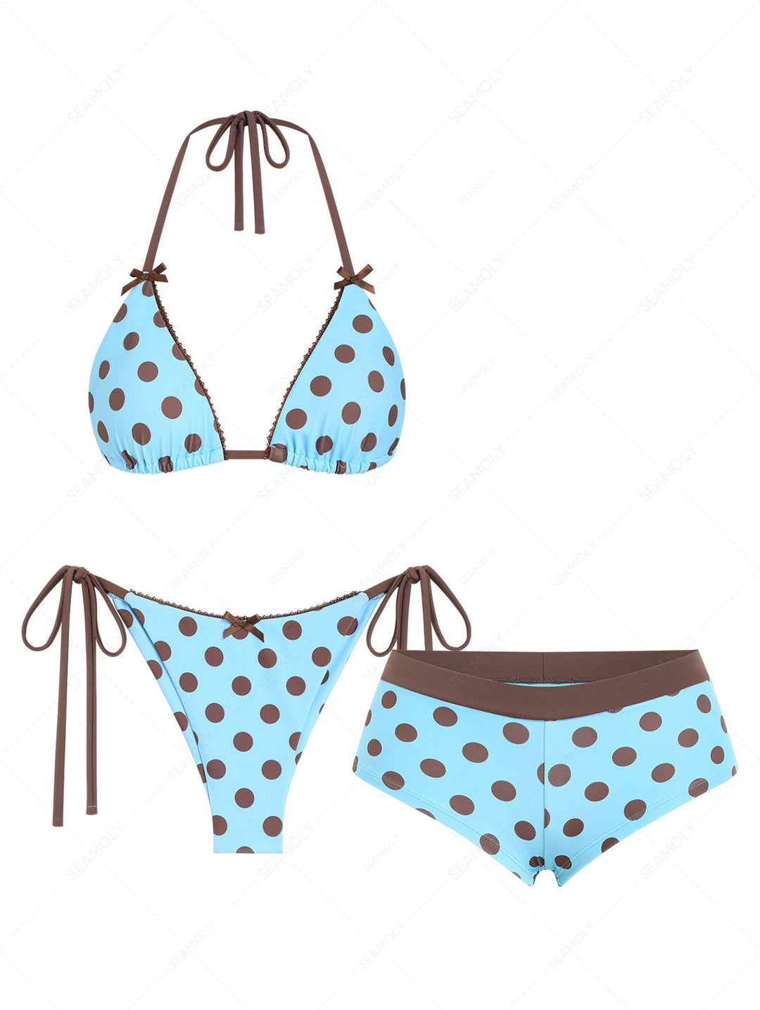 Seamolly 3 Piece Polka Dot Lace Bowknot Triangle Brazilian Cheeky Boyshort Bikini Set