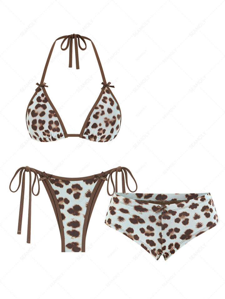 Seamolly 3 Piece Leopard Print Bowknot Contrast Binding Cheeky Boyshort Bikini Set