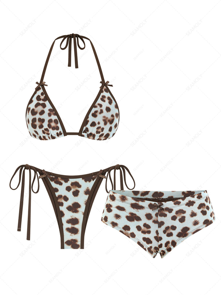 Seamolly 3 Piece Leopard Print Bowknot Contrast Binding Cheeky Boyshort Bikini Set