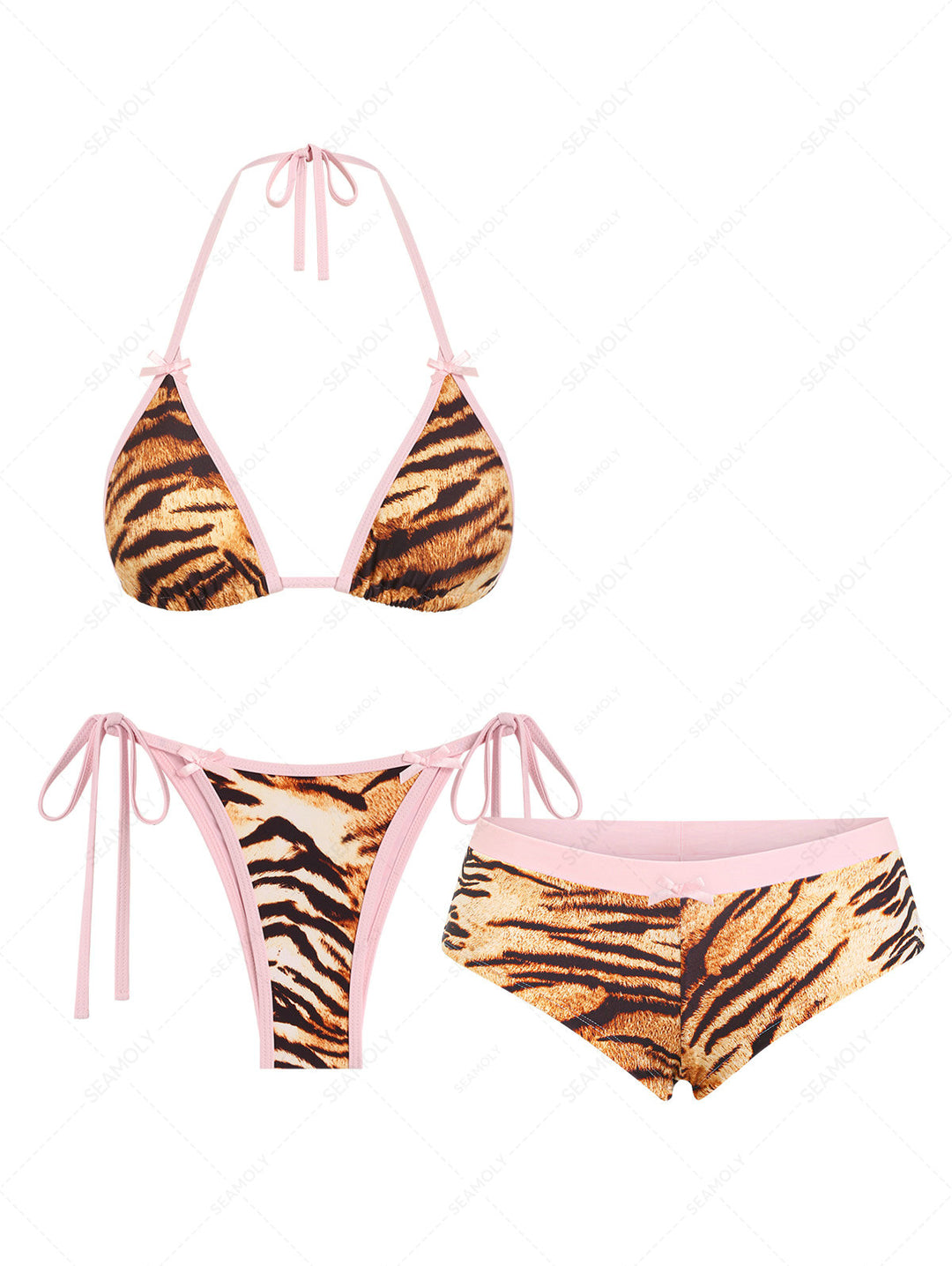 Seamolly 3 Piece Animal Tiger Print Bowknot Contrast Binding Cheeky Boyshort Bikini Set